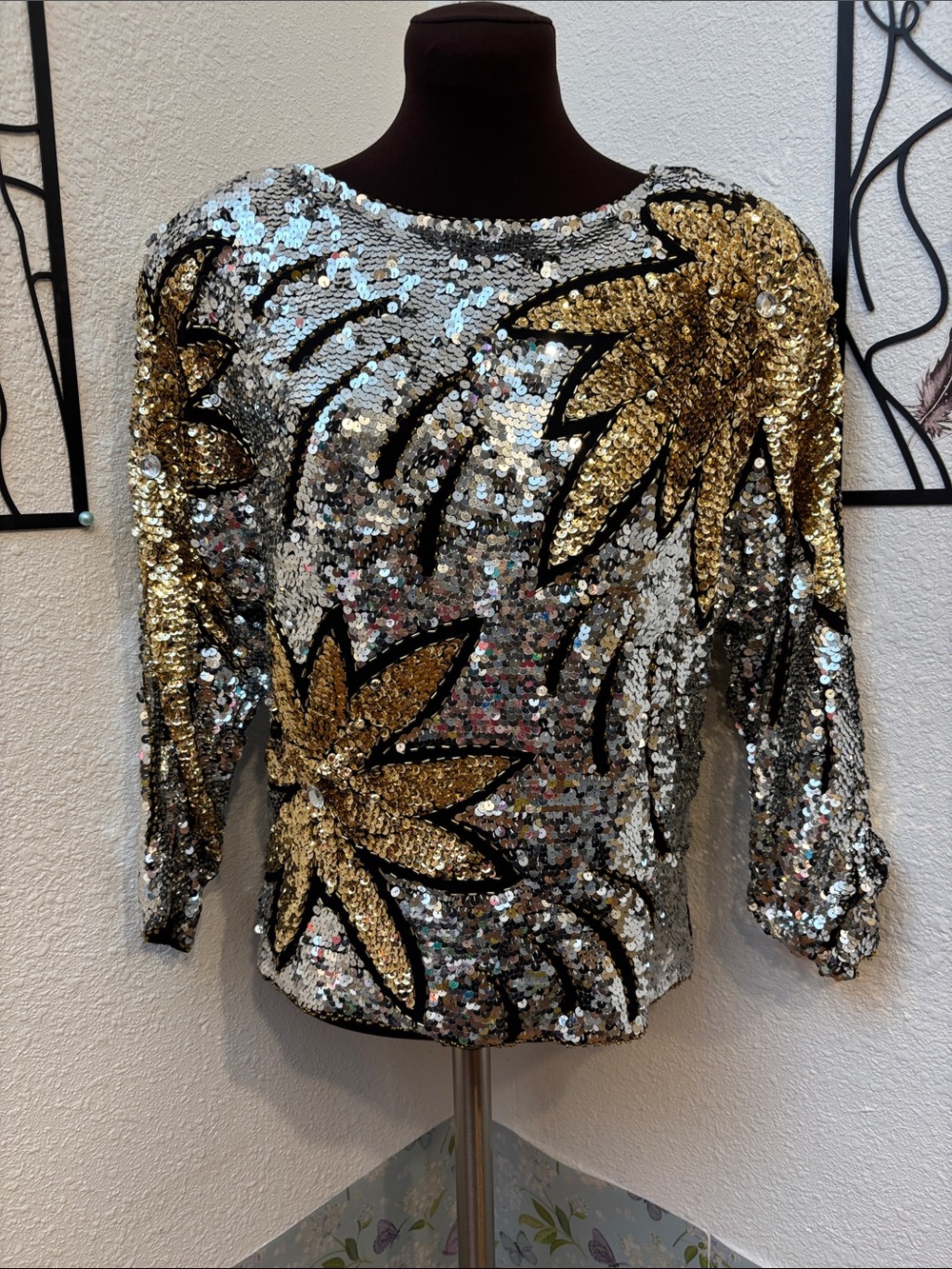Vintage 1980/1990’s Gold & Silver Sequin Floral Long-Sleeve Silk Blouse. Size L.